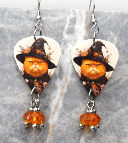 Grumpy Orange Halloween Cat Guitar Pick Earrings with Orange Swarovski Crystal Dangles