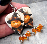 Grumpy Orange Halloween Cat Guitar Pick Earrings with Orange Swarovski Crystal Dangles