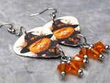 Grumpy Orange Halloween Cat Guitar Pick Earrings with Orange Swarovski Crystal Dangles