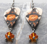 Grumpy Orange Halloween Cat Guitar Pick Earrings with Orange Swarovski Crystal Dangles