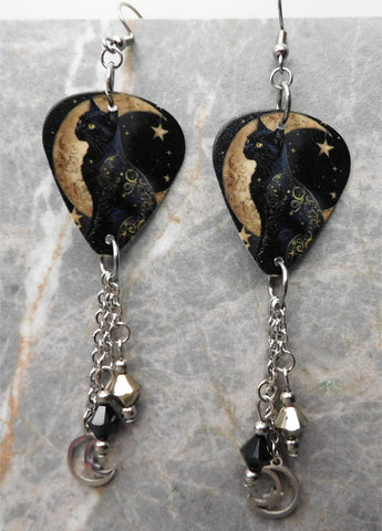 Celestial Themed Black Cat Guitar Pick Earrings with Moon and Star Charms and Swarovski Crystals