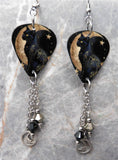 Celestial Themed Black Cat Guitar Pick Earrings with Moon and Star Charms and Swarovski Crystals