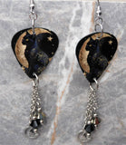 Celestial Themed Black Cat Guitar Pick Earrings with Moon and Star Charms and Swarovski Crystals