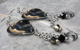 Celestial Themed Black Cat Guitar Pick Earrings with Moon and Star Charms and Swarovski Crystals