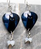 Black Cat in Front of a Full Moon Guitar Pick Earrings with White Opal Swarovski Crystal Dangles