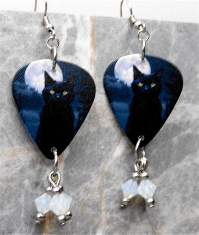 Black Cat in Front of a Full Moon Guitar Pick Earrings with White Opal Swarovski Crystal Dangles