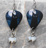 Black Cat in Front of a Full Moon Guitar Pick Earrings with White Opal Swarovski Crystal Dangles