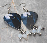 Black Cat in Front of a Full Moon Guitar Pick Earrings with White Opal Swarovski Crystal Dangles