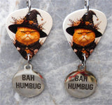 Grumpy Orange Halloween Cat Guitar Pick Earrings with Stainless Steel Bah Humbug Charm Dangles
