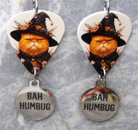Grumpy Orange Halloween Cat Guitar Pick Earrings with Stainless Steel Bah Humbug Charm Dangles