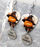 Grumpy Orange Halloween Cat Guitar Pick Earrings with Stainless Steel Bah Humbug Charm Dangles