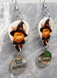 Grumpy Orange Halloween Cat Guitar Pick Earrings with Stainless Steel Bah Humbug Charm Dangles