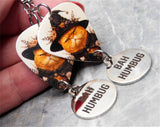Grumpy Orange Halloween Cat Guitar Pick Earrings with Stainless Steel Bah Humbug Charm Dangles
