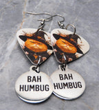 Grumpy Orange Halloween Cat Guitar Pick Earrings with Stainless Steel Bah Humbug Charm Dangles