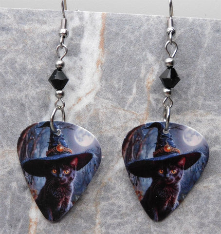 Black Cat in a Witch's Hat Guitar Pick Earrings with Black Swarovski Crystals