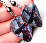 Black Cat in a Witch's Hat Guitar Pick Earrings with Black Swarovski Crystals