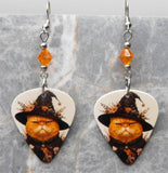 Grumpy Orange Halloween Cat Guitar Pick Earrings with Orange Swarovski Crystals