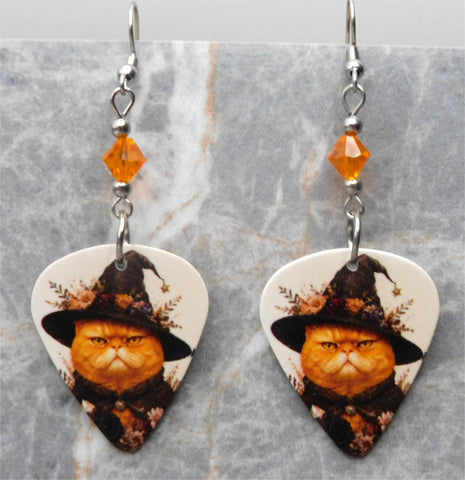 Grumpy Orange Halloween Cat Guitar Pick Earrings with Orange Swarovski Crystals