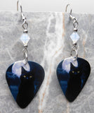 Black Cat in Front of a Full Moon Guitar Pick Earrings with White Opal Swarovski Crystals