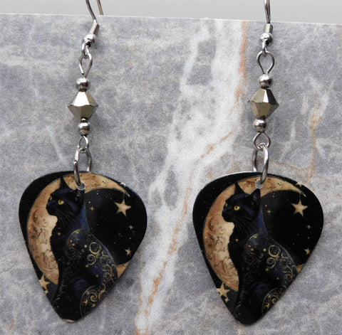 Celestial Themed Black Cat Guitar Pick Earrings with Dark Gold Swarovski Crystals