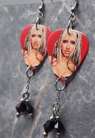 Christina Aguilera Guitar Pick Earrings with Black Swarovski Crystal Dangles