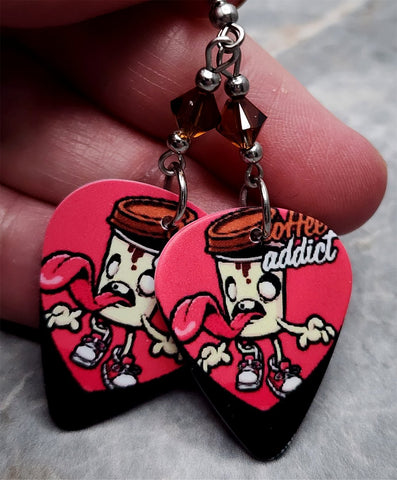 Coffee Addict Guitar Pick Earrings with Mocca Swarovski Crystals