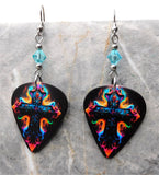 Backlit Colorful Cross Guitar Pick Earrings with Blue Swarovski Crystals