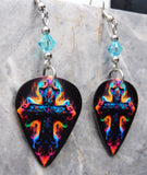 Backlit Colorful Cross Guitar Pick Earrings with Blue Swarovski Crystals