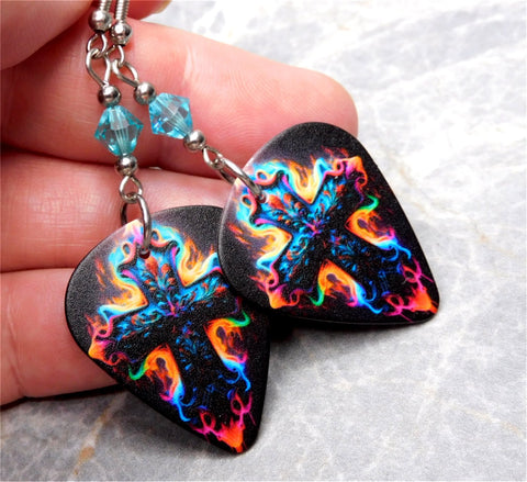 Backlit Colorful Cross Guitar Pick Earrings with Blue Swarovski Crystals