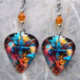 Colorful Cross Guitar Pick Earrings with Orange Swarovski Crystals