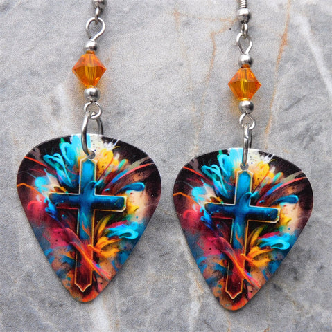 Colorful Cross Guitar Pick Earrings with Orange Swarovski Crystals