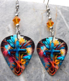 Colorful Cross Guitar Pick Earrings with Orange Swarovski Crystals