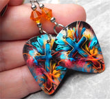 Colorful Cross Guitar Pick Earrings with Orange Swarovski Crystals