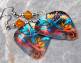 Colorful Cross Guitar Pick Earrings with Orange Swarovski Crystals