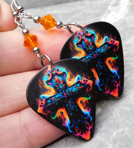 Backlit Colorful Cross Guitar Pick Earrings with Orange Swarovski Crystals