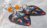 Backlit Colorful Cross Guitar Pick Earrings with Orange Swarovski Crystals