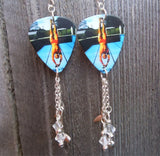 Def Leppard High n' Dry Guitar Pick Earrings with Music Note Charm and Clear Swarovski Crystal Dangles