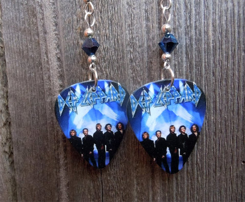 Def Leppard Guitar Pick Earrings with Metallic Blue Swarovski Crystals