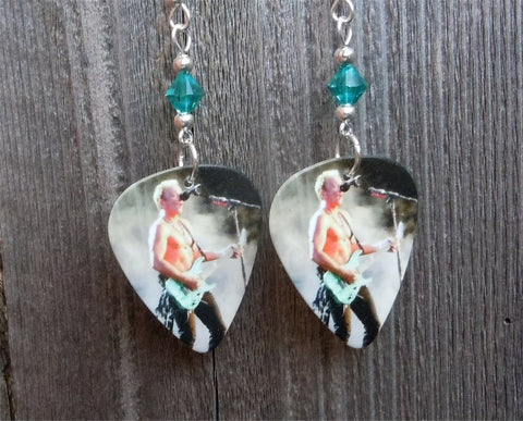 Def Leppard Phil Collen Guitar Pick Earrings with Turquoise Swarovski Crystals