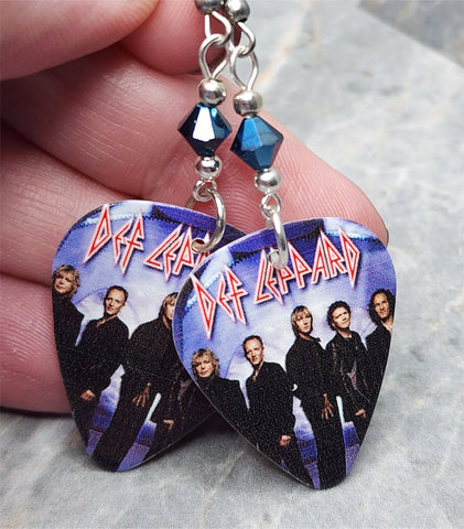 Def Leppard Guitar Pick Earrings with Metallic Blue Swarovski Crystals