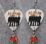 Def Leppard Group Picture and Logo Guitar Pick Earrings with Fire Opal Swarovski Crystal Dangles