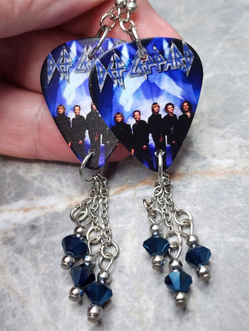 Def Leppard Guitar Pick Earrings with Metallic Blue Swarovski Crystal Dangles