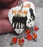 Def Leppard Group Picture and Logo Guitar Pick Earrings with Fire Opal Swarovski Crystal Dangles