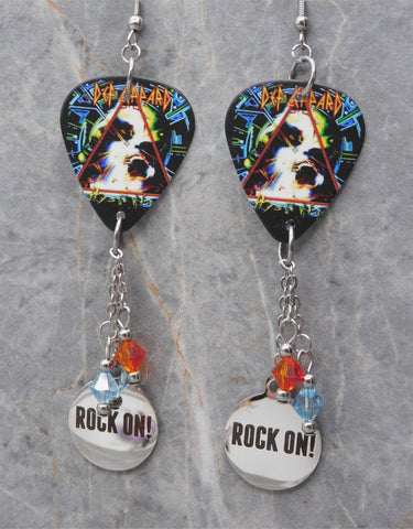 Def Leppard Hysteria Guitar Pick Earrings with Rock On Stainless Steel Charm and Swarovski Crystal Dangles