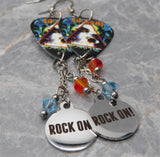 Def Leppard Hysteria Guitar Pick Earrings with Rock On Stainless Steel Charm and Swarovski Crystal Dangles