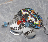 Def Leppard Hysteria Guitar Pick Earrings with Rock On Stainless Steel Charm and Swarovski Crystal Dangles