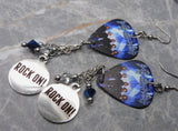 Def Leppard Guitar Pick Earrings with Rock On Stainless Steel Charms and Swarovski Crystal Dangles