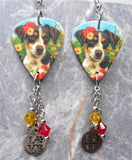Dog In The Flowers Guitar Pick Earrings with Stainless Steel Love Charms and Swarovski Crystal Dangles