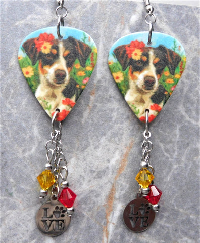 Dog In The Flowers Guitar Pick Earrings with Stainless Steel Love Charms and Swarovski Crystal Dangles
