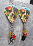 Dog In The Flowers Guitar Pick Earrings with Stainless Steel Love Charms and Swarovski Crystal Dangles